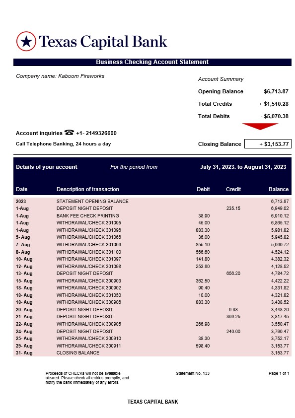 Modèle Word et PDF de relevé de compte d'entreprise de la Texas Capital Bank